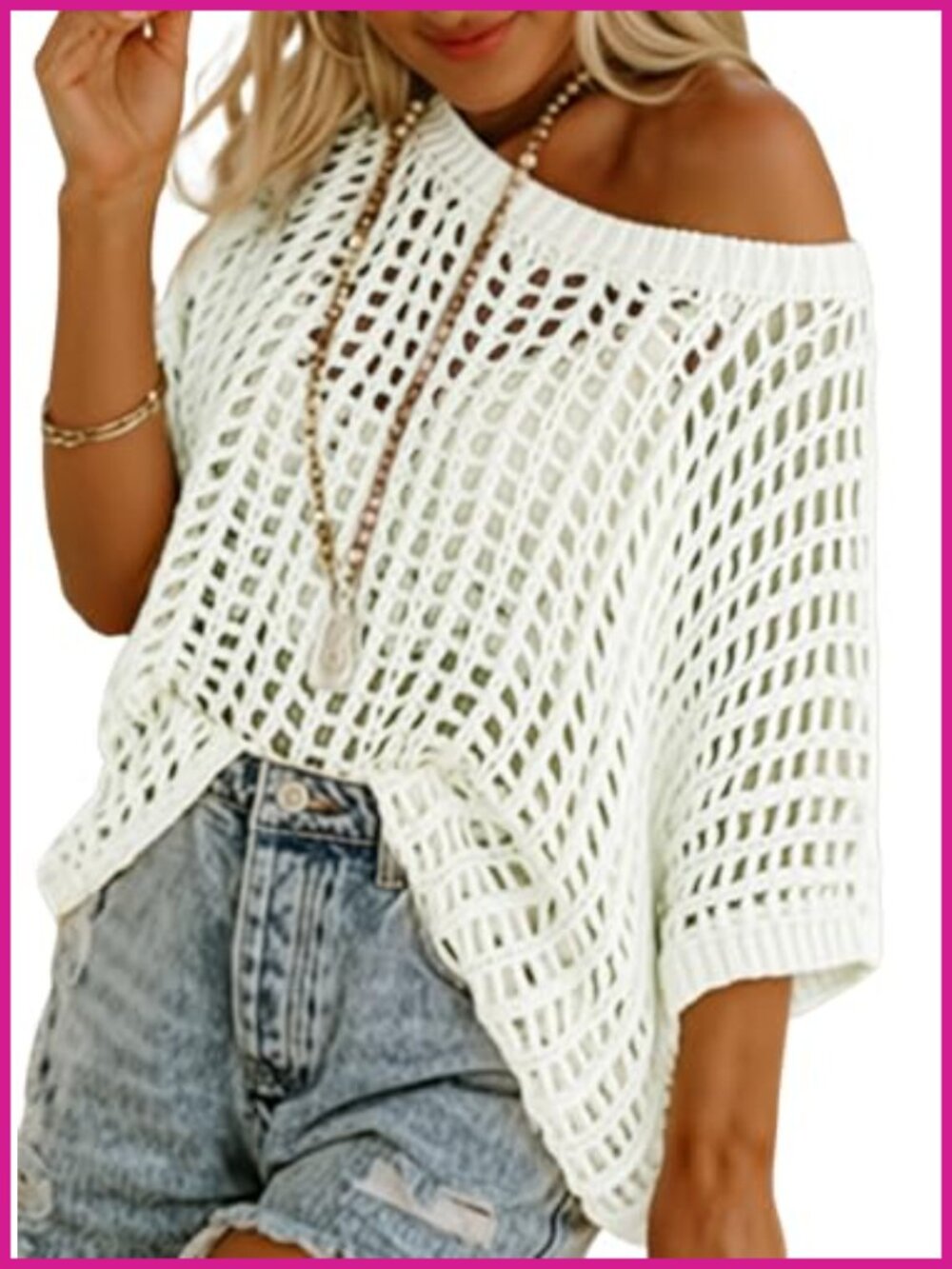Womens Scoop Neck Short Sleeve Crochet Hollow Out Knit Pullover Sweater Coverup